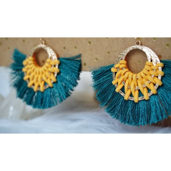 NEW! Emerald Mustard Hoop Tassel Hoop Earrings - Picture 6 of 11
